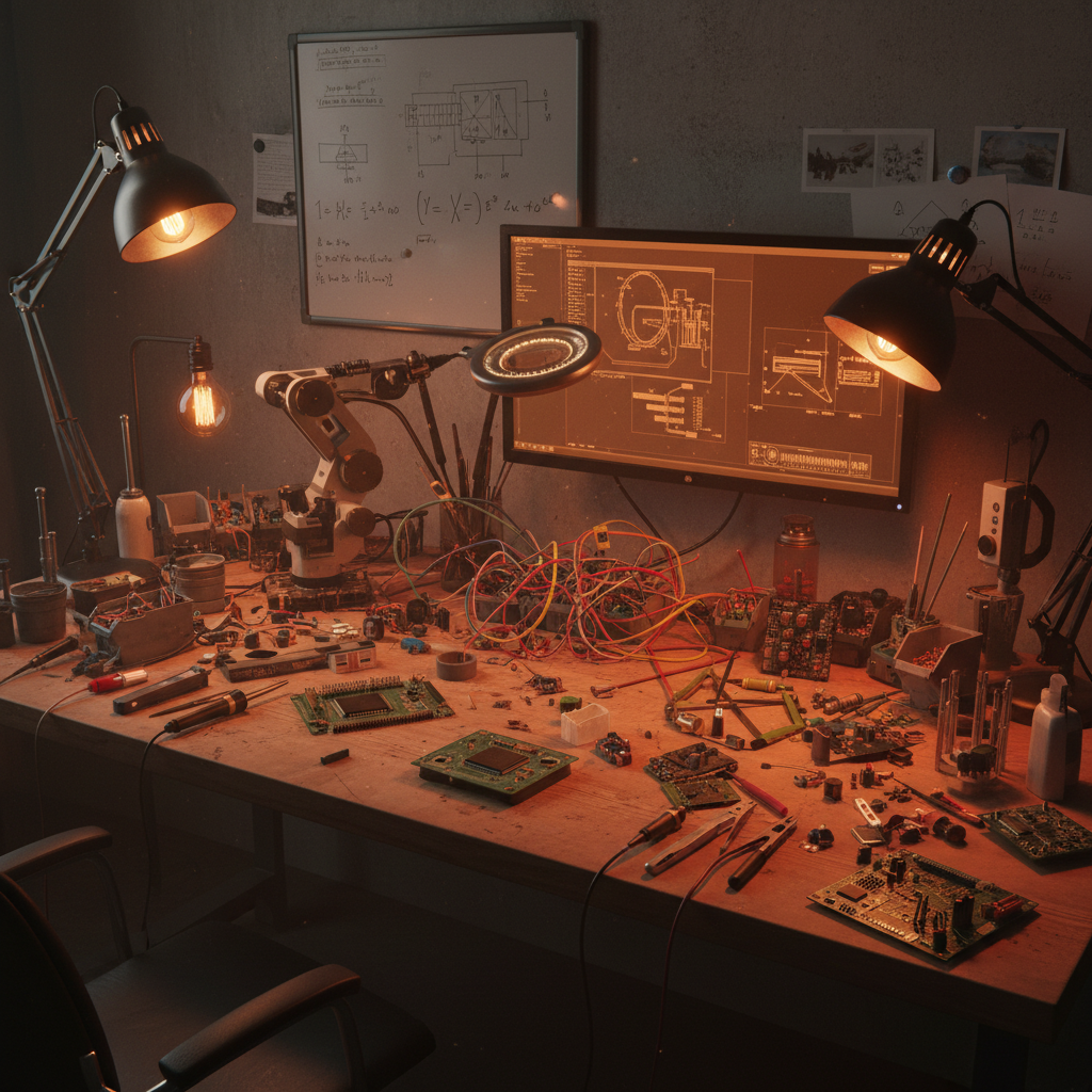 Dark engineering workbench with circuit boards and precision tools at the WEBUILDPRO lab in Bangalore, industrial environment with dim orange-tinted lighting